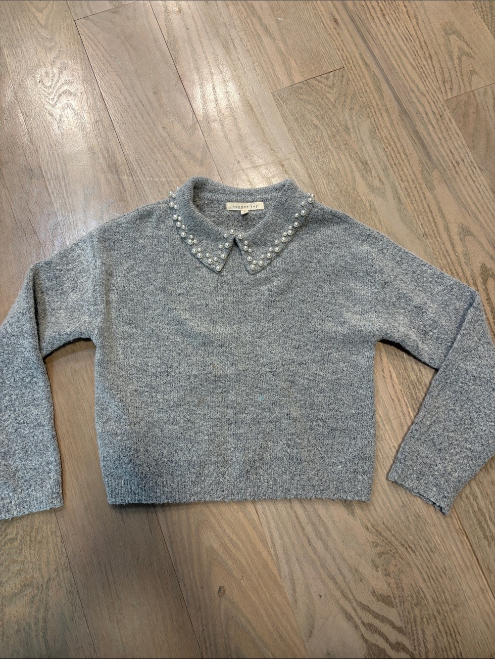 Copper Key Gray Pearl-Collar Crewneck Sweater